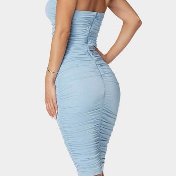 NWT BEBE Strapless Ruched Sparkle Mesh Dress - Picture 8 of 10